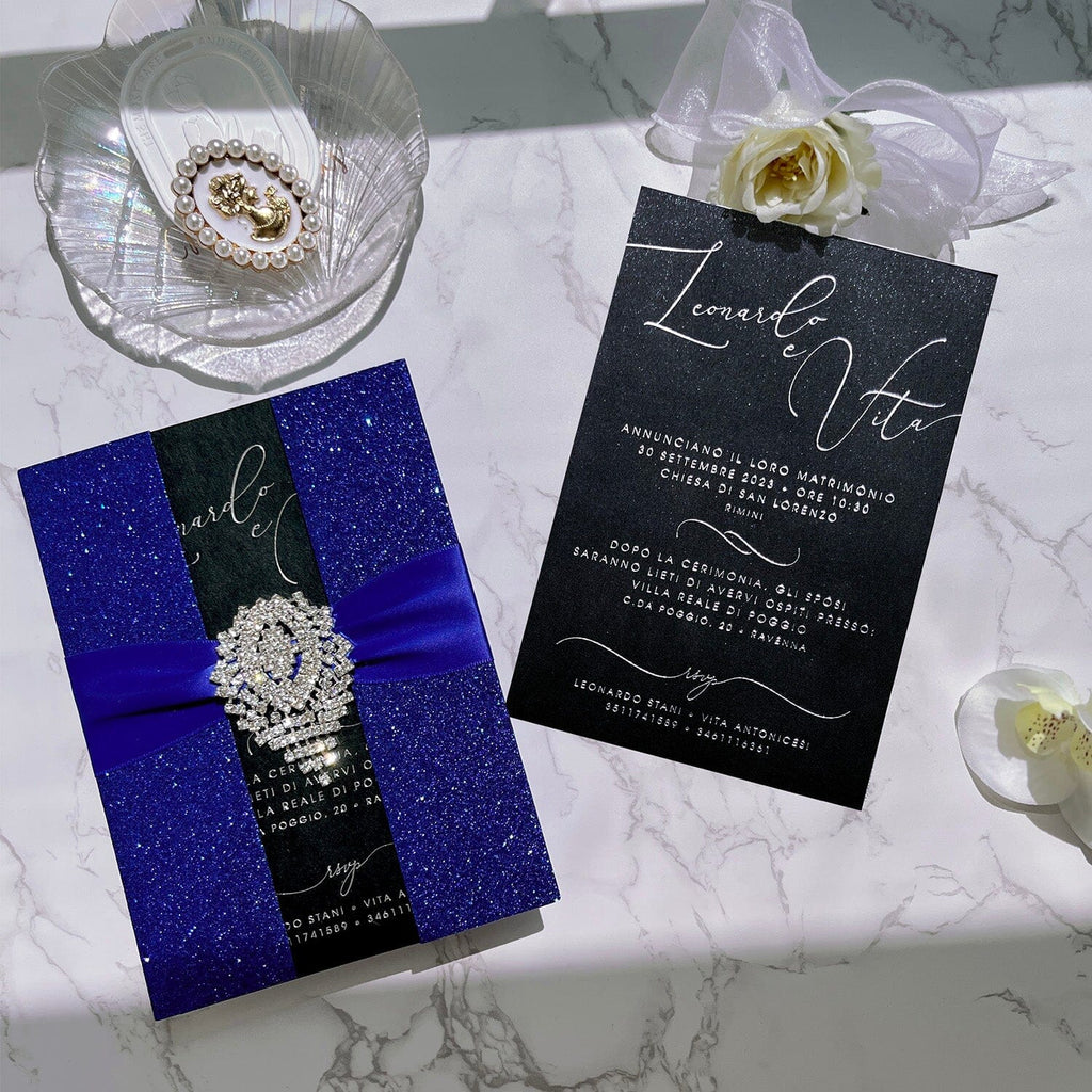 Luxury Navy Glitter Wedding Invitations, Vintage Blue and Silver Foil Invites with Diamond, Elegant Black Boxed Invitation Picky Bride