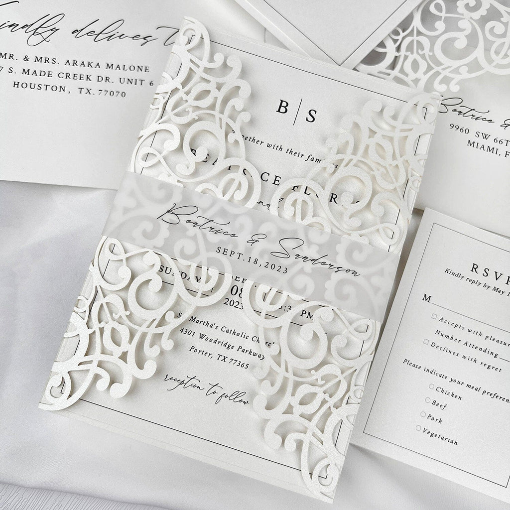 Minimalism White Wedding Invitations, 5x7 Laser Cut Invites Cards and Vellum Bellyband Picky Bride
