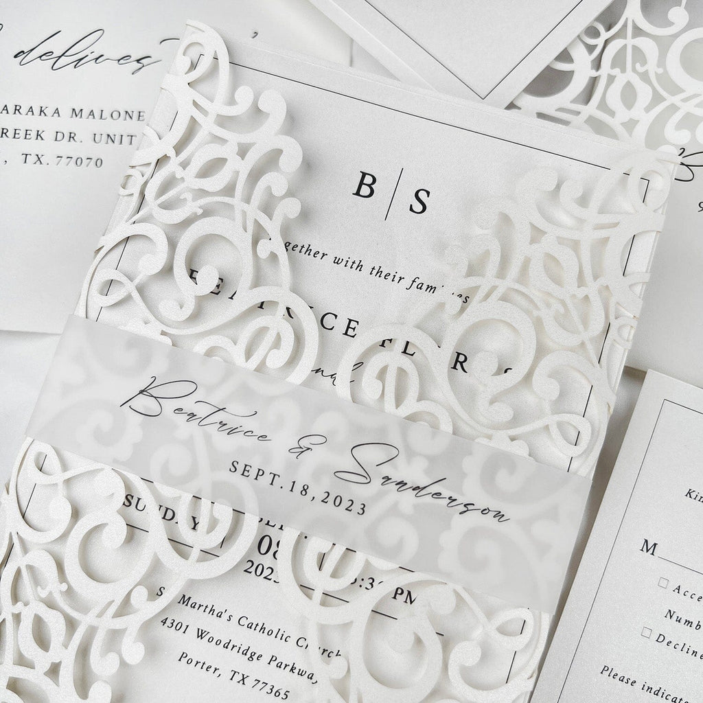 Minimalism White Wedding Invitations, 5x7 Laser Cut Invites Cards and Vellum Bellyband Picky Bride