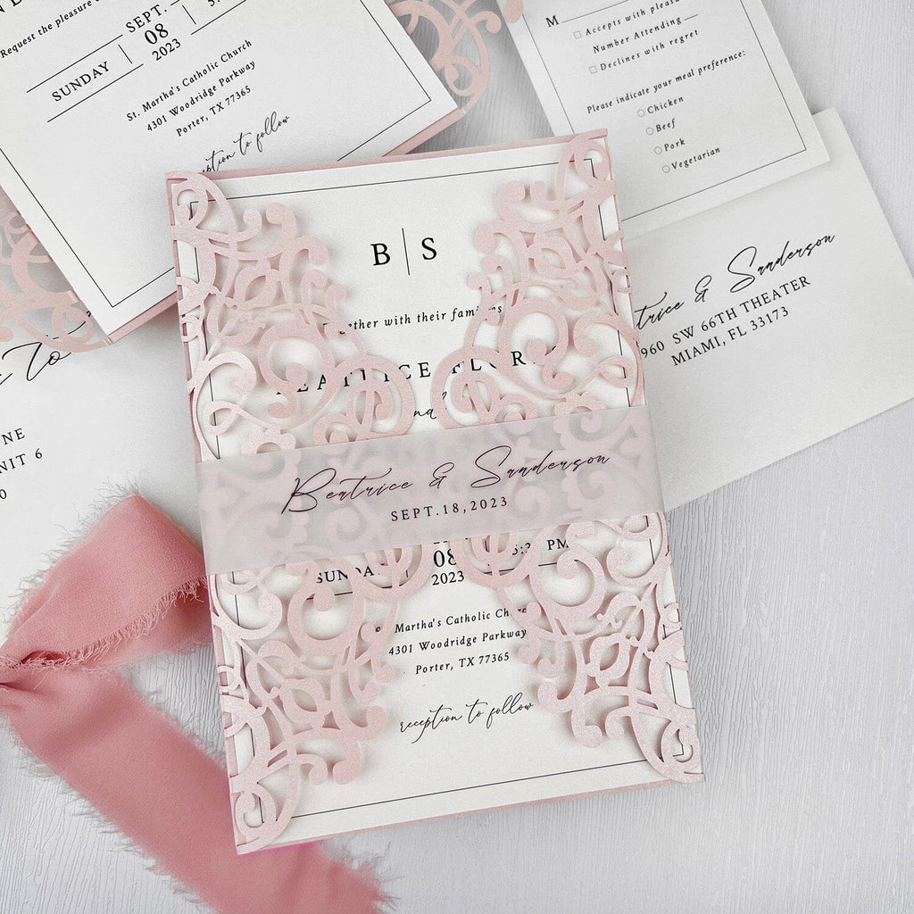 Minimalism White Wedding Invitations, 5x7 Laser Cut Invites Cards and Vellum Bellyband Picky Bride