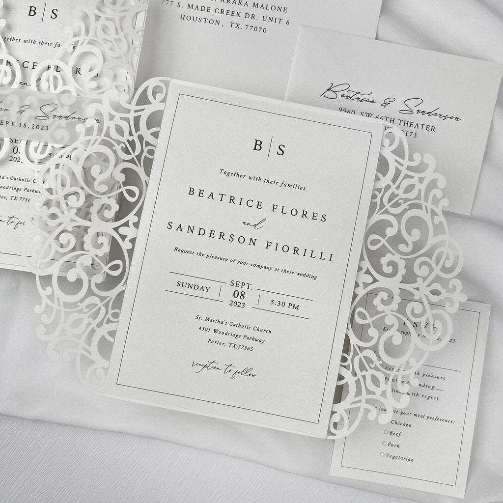 Minimalism White Wedding Invitations, 5x7 Laser Cut Invites Cards and Vellum Bellyband Picky Bride Invitations 30 x $3.0 ea.