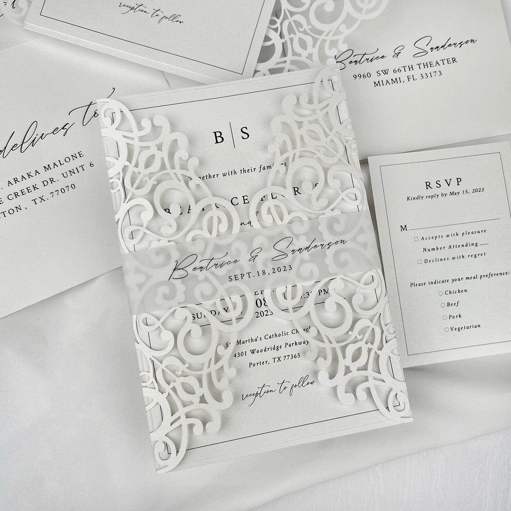 Minimalism White Wedding Invitations, 5x7 Laser Cut Invites Cards and Vellum Bellyband Picky Bride Invitations + RSVP (+$0.6) 1 Sample