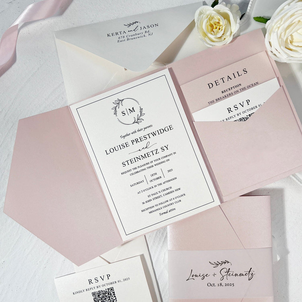 Minimalist Ivory and Blush Pink Wedding Invitation Set, Elegant Pearl Trifold Pocket Invites with Personalized Printed Vellum Belly Band, QR Code RSVP and Detail Cards Wedding Ceremony Supplies Picky Bride