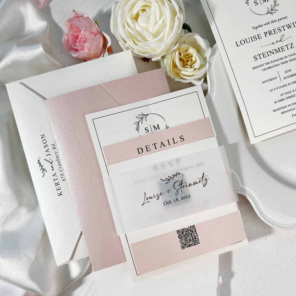 Minimalist Ivory and Blush Pink Wedding Invitation Set, Elegant Pearl Trifold Pocket Invites with Personalized Printed Vellum Belly Band, QR Code RSVP and Detail Cards Wedding Ceremony Supplies Picky Bride