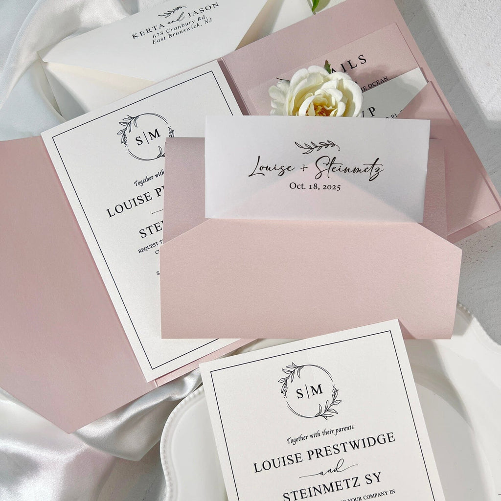 Minimalist Ivory and Blush Pink Wedding Invitation Set, Elegant Pearl Trifold Pocket Invites with Personalized Printed Vellum Belly Band, QR Code RSVP and Detail Cards Wedding Ceremony Supplies Picky Bride