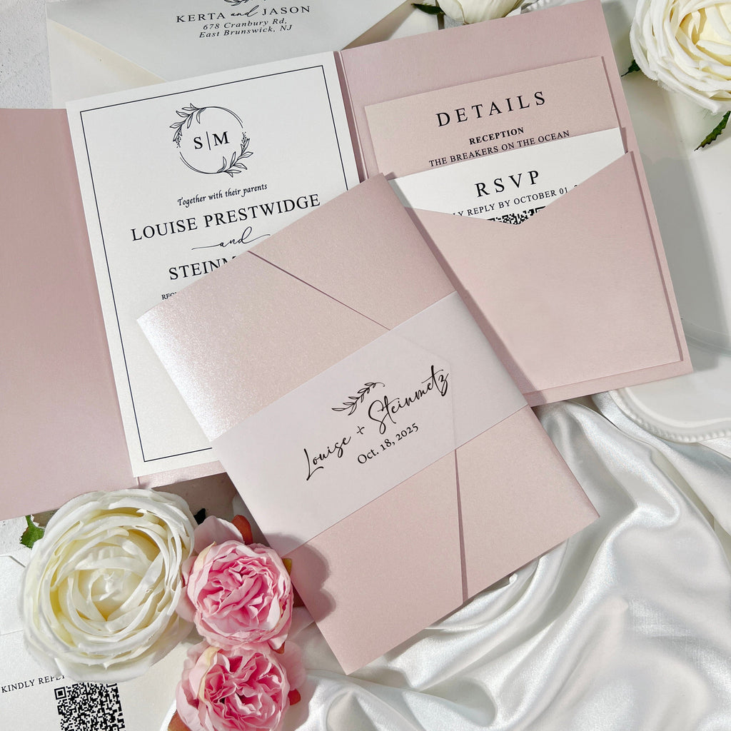 Minimalist Ivory and Blush Pink Wedding Invitation Set, Elegant Pearl Trifold Pocket Invites with Personalized Printed Vellum Belly Band, QR Code RSVP and Detail Cards Wedding Ceremony Supplies Picky Bride