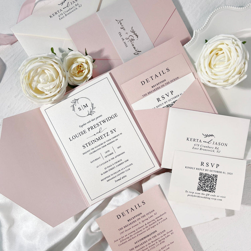 Minimalist Ivory and Blush Pink Wedding Invitation Set, Elegant Pearl Trifold Pocket Invites with Personalized Printed Vellum Belly Band, QR Code RSVP and Detail Cards Wedding Ceremony Supplies Picky Bride