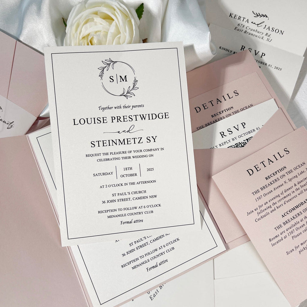 Minimalist Ivory and Blush Pink Wedding Invitation Set, Elegant Pearl Trifold Pocket Invites with Personalized Printed Vellum Belly Band, QR Code RSVP and Detail Cards Wedding Ceremony Supplies Picky Bride