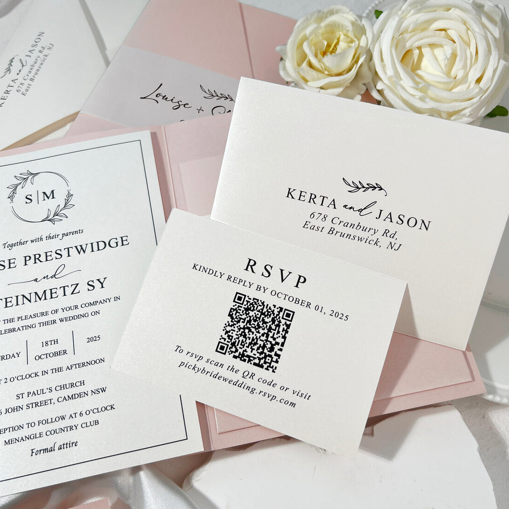 Minimalist Ivory and Blush Pink Wedding Invitation Set, Elegant Pearl Trifold Pocket Invites with Personalized Printed Vellum Belly Band, QR Code RSVP and Detail Cards Wedding Ceremony Supplies Picky Bride