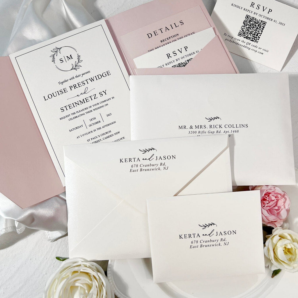 Minimalist Ivory and Blush Pink Wedding Invitation Set, Elegant Pearl Trifold Pocket Invites with Personalized Printed Vellum Belly Band, QR Code RSVP and Detail Cards Wedding Ceremony Supplies Picky Bride