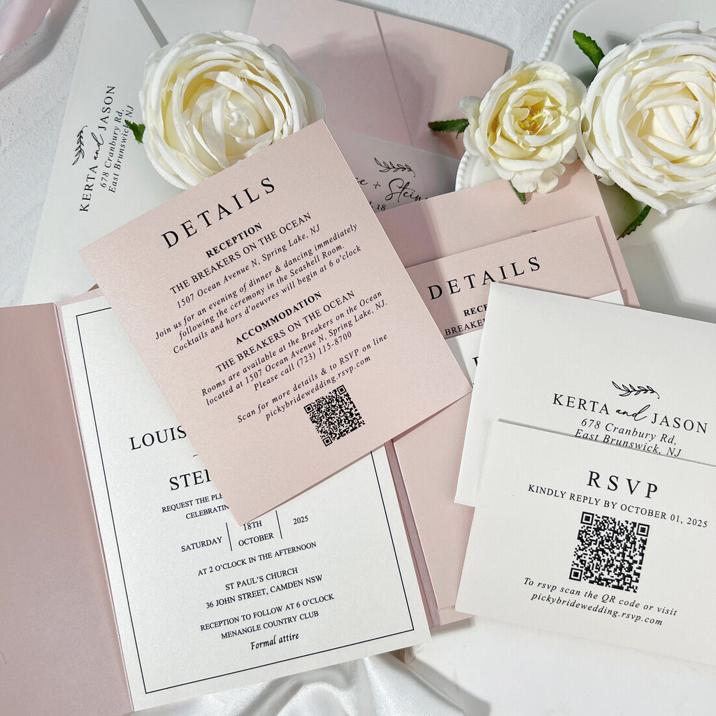 Minimalist Ivory and Blush Pink Wedding Invitation Set, Elegant Pearl Trifold Pocket Invites with Personalized Printed Vellum Belly Band, QR Code RSVP and Detail Cards Wedding Ceremony Supplies Picky Bride