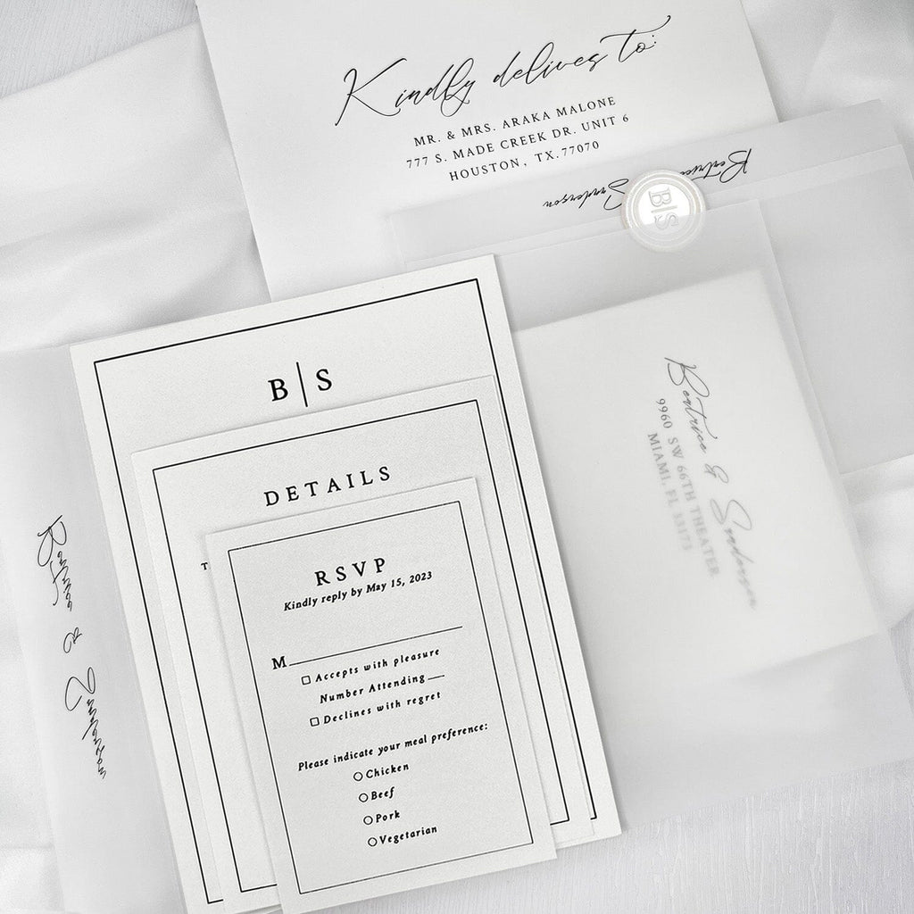 Minimalist Ivory Wedding Invitation Set, Neutral White Wedding Invites With Translucent Vellum Jacket, Personalized Pearl Wax Seal Picky Bride