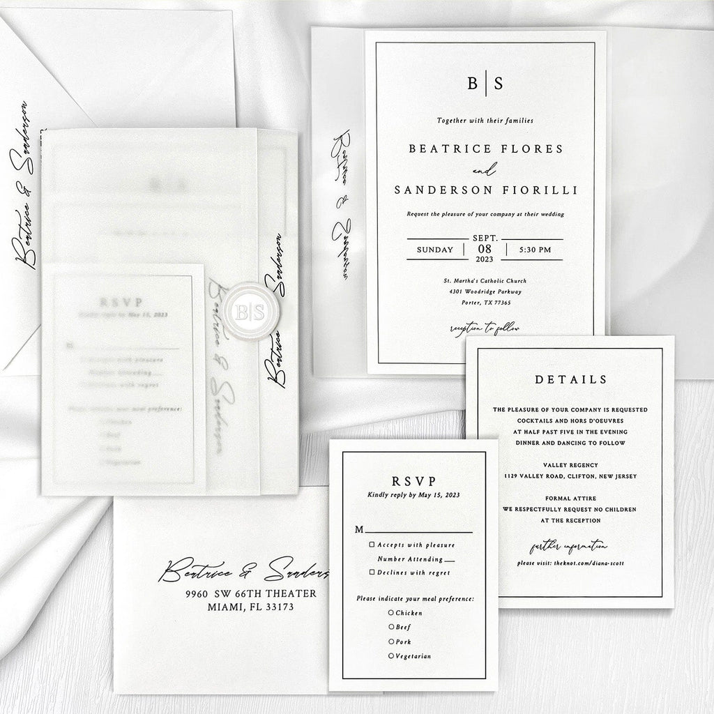 Minimalist Ivory Wedding Invitation Set, Neutral White Wedding Invites With Translucent Vellum Jacket, Personalized Pearl Wax Seal Picky Bride
