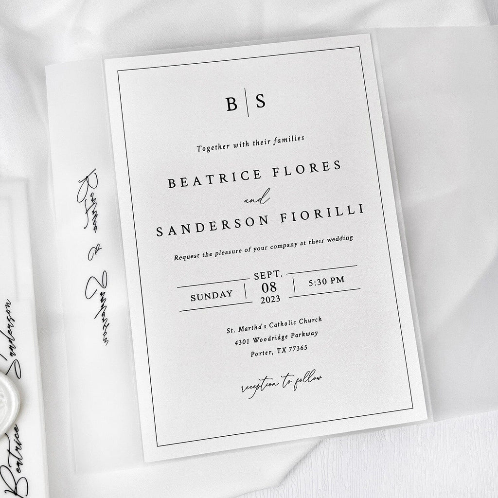 Minimalist Ivory Wedding Invitation Set, Neutral White Wedding Invites With Translucent Vellum Jacket, Personalized Pearl Wax Seal Picky Bride