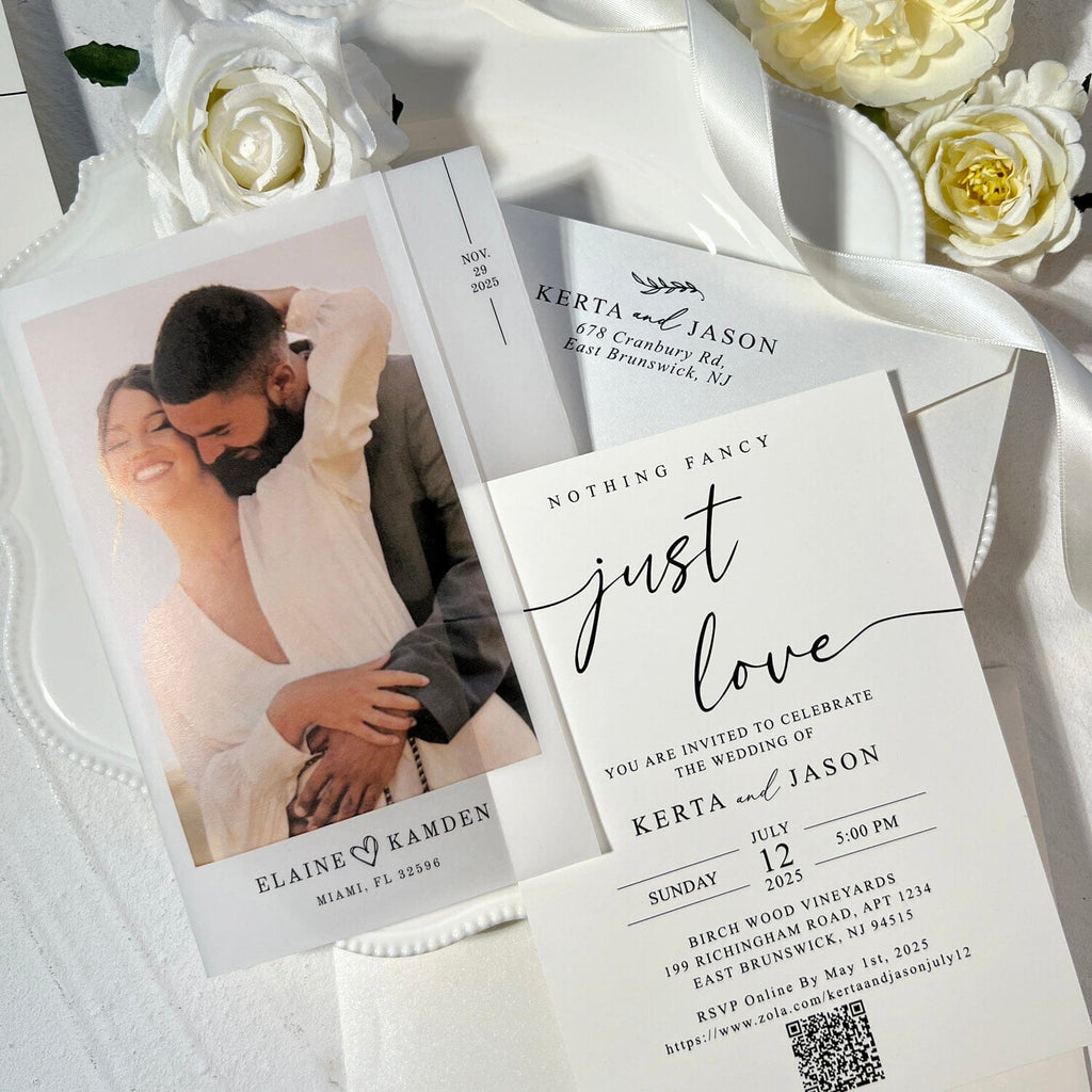 Minimalist Photo Printed Vellum Wedding Invitation, Personalized QR Code Invitation, Neutral White Wedding Invites Picky Bride