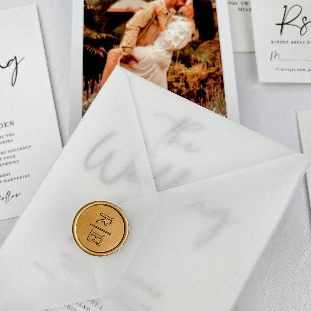 Minimalist Pure White and Personalized Photo Wedding Invitations, Translucent Vellum Envelopes Invites with Customized Wax Seal, Vellum Save the Date Picky Bride