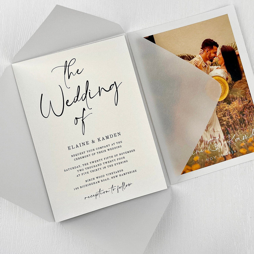 Minimalist Pure White and Personalized Photo Wedding Invitations, Translucent Vellum Envelopes Invites with Customized Wax Seal, Vellum Save the Date Picky Bride