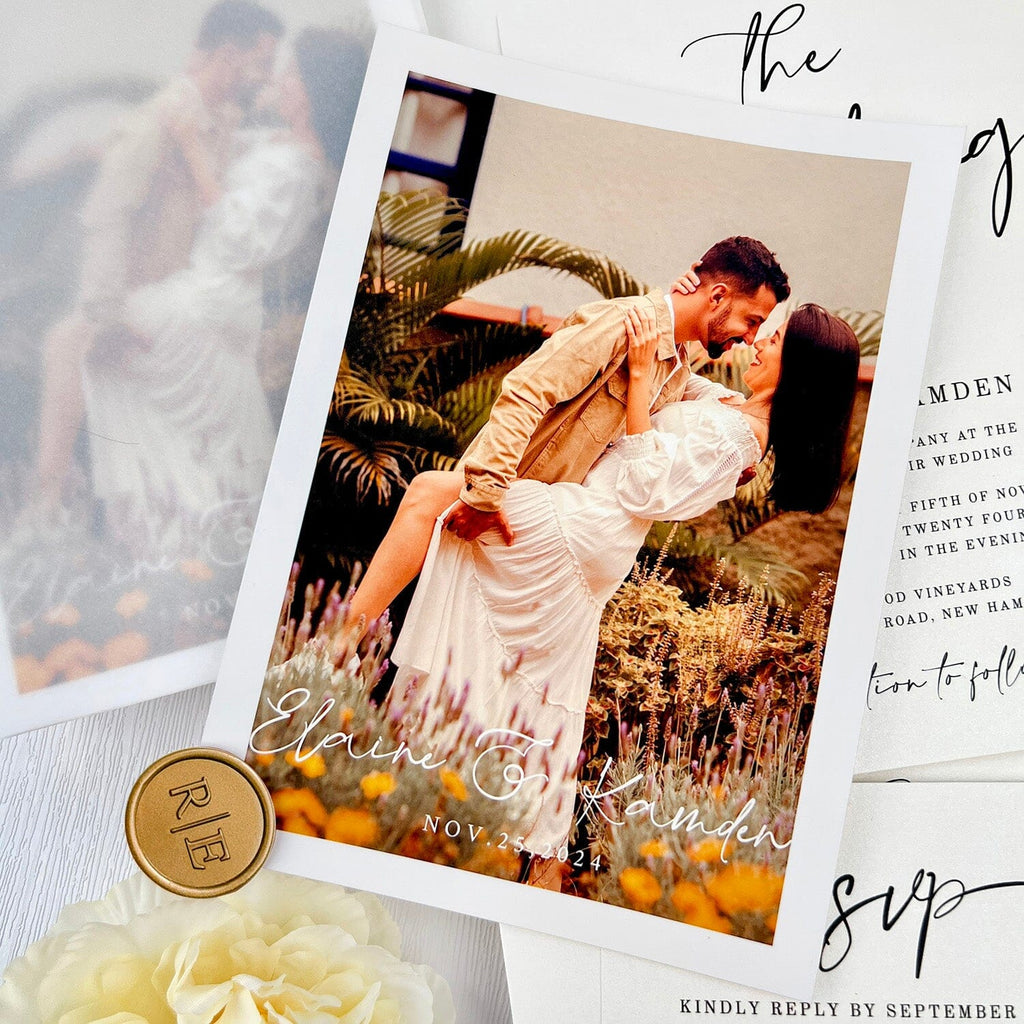 Minimalist Pure White and Personalized Photo Wedding Invitations, Translucent Vellum Envelopes Invites with Customized Wax Seal, Vellum Save the Date Picky Bride