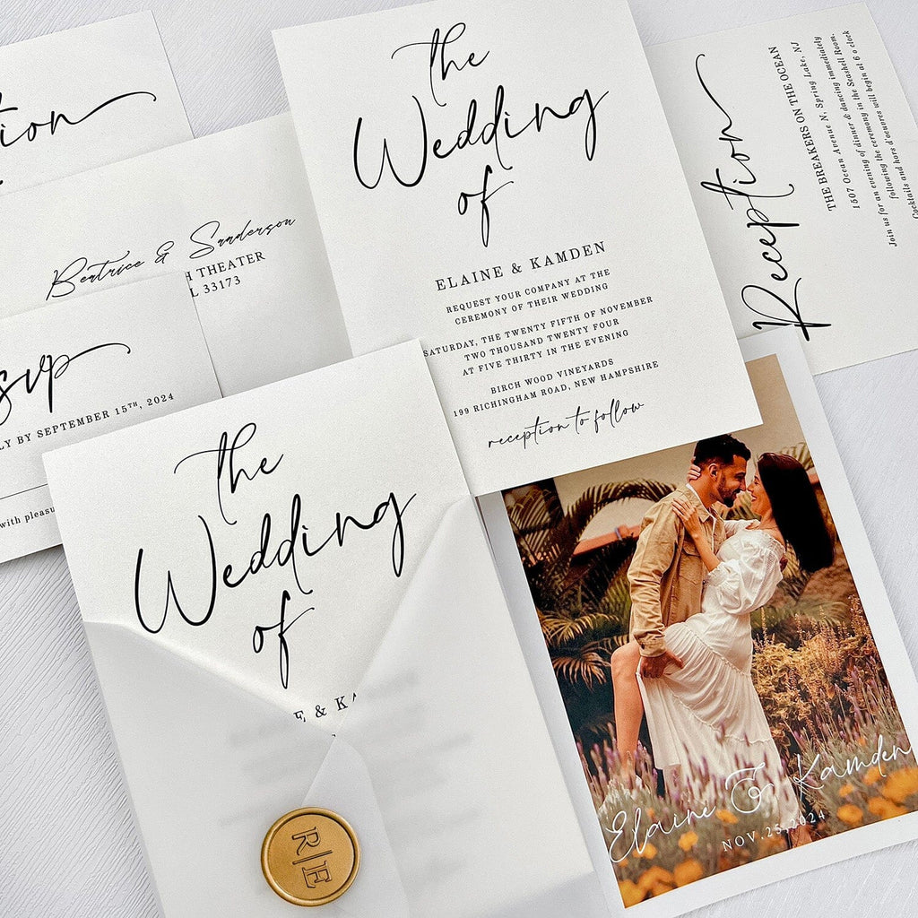 Minimalist Pure White and Personalized Photo Wedding Invitations, Translucent Vellum Envelopes Invites with Customized Wax Seal, Vellum Save the Date Picky Bride