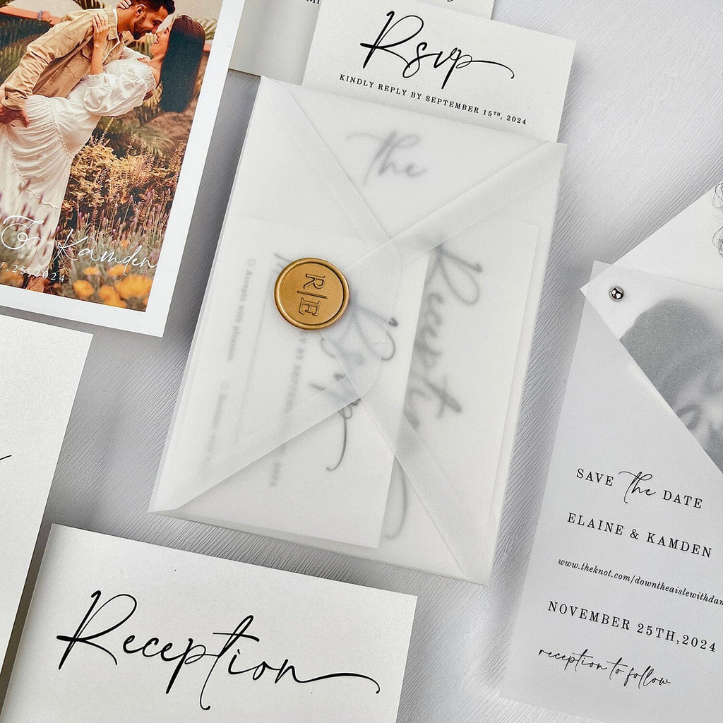 Minimalist Pure White and Personalized Photo Wedding Invitations, Translucent Vellum Envelopes Invites with Customized Wax Seal, Vellum Save the Date Picky Bride