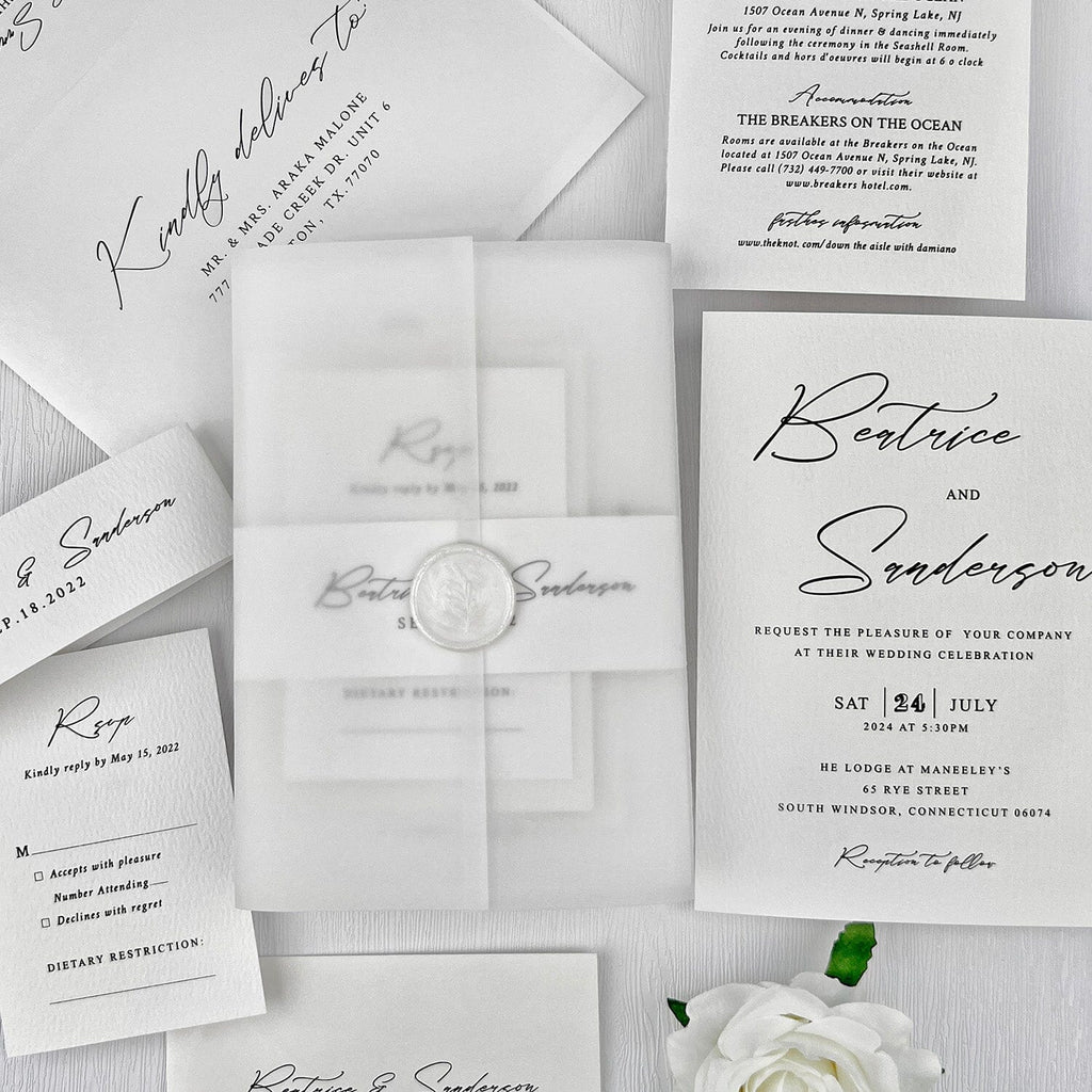 Minimalist White Wedding Invitation, Classic Neutral Wedding Invitation with Translucent Vellum Jacket, Personalized Belly Band and Pearl Wax Seal Picky Bride