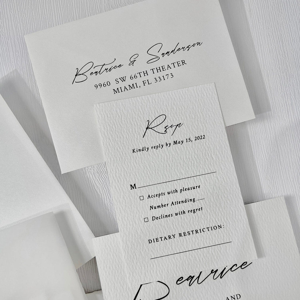 Minimalist White Wedding Invitation, Classic Neutral Wedding Invitation with Translucent Vellum Jacket, Personalized Belly Band and Pearl Wax Seal Picky Bride
