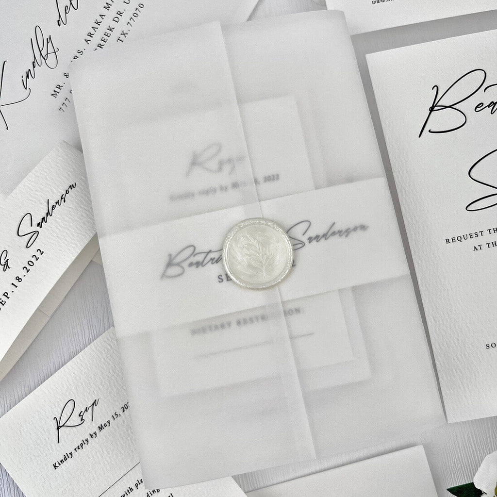 Minimalist White Wedding Invitation, Classic Neutral Wedding Invitation with Translucent Vellum Jacket, Personalized Belly Band and Pearl Wax Seal Picky Bride