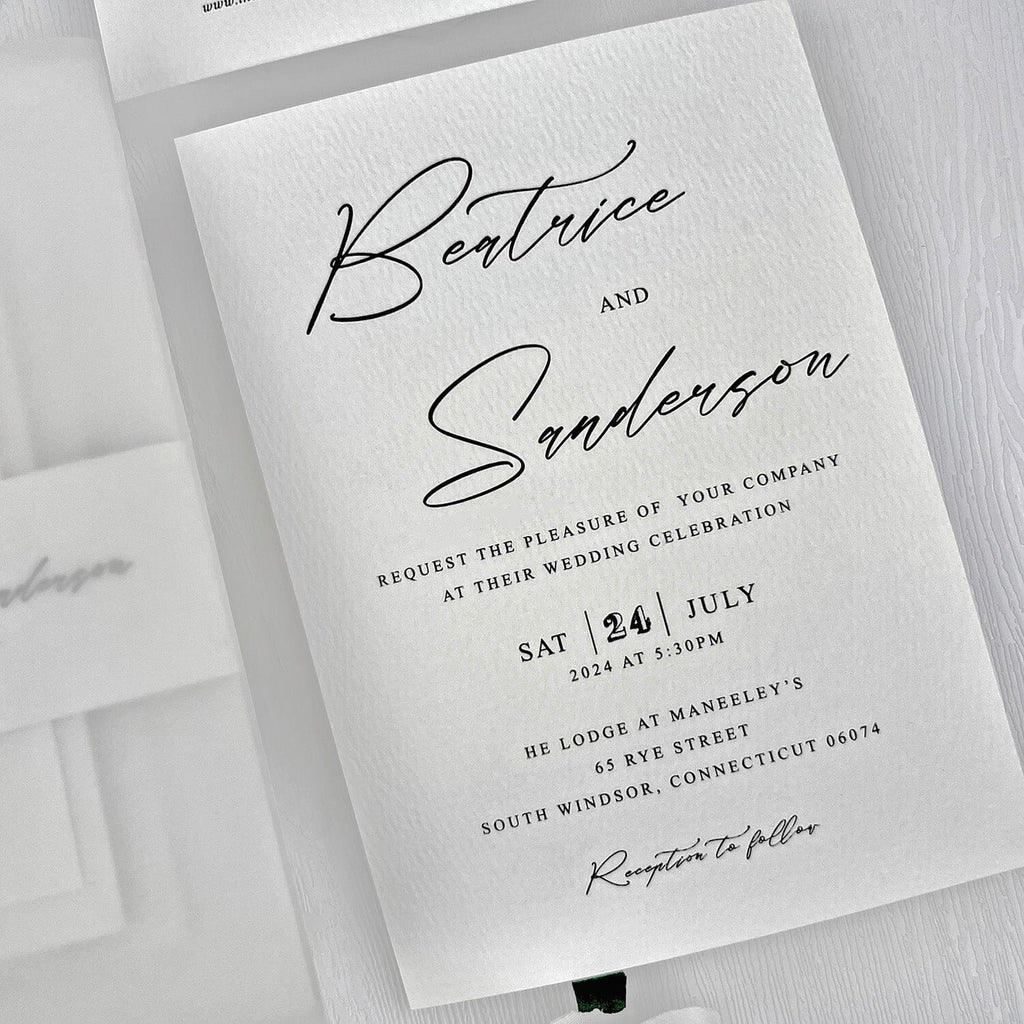 Minimalist White Wedding Invitation, Classic Neutral Wedding Invitation with Translucent Vellum Jacket, Personalized Belly Band and Pearl Wax Seal Picky Bride