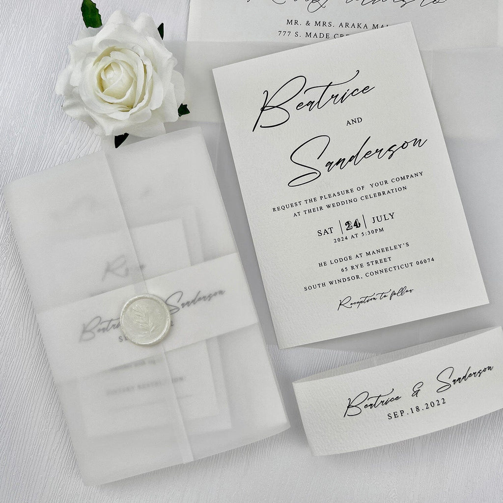 Minimalist White Wedding Invitation, Classic Neutral Wedding Invitation with Translucent Vellum Jacket, Personalized Belly Band and Pearl Wax Seal Picky Bride