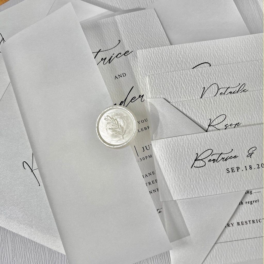 Minimalist White Wedding Invitation, Classic Neutral Wedding Invitation with Translucent Vellum Jacket, Personalized Belly Band and Pearl Wax Seal Picky Bride