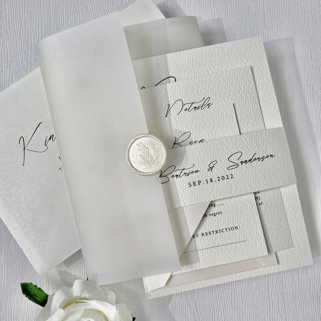 Minimalist White Wedding Invitation, Classic Neutral Wedding Invitation with Translucent Vellum Jacket, Personalized Belly Band and Pearl Wax Seal Picky Bride