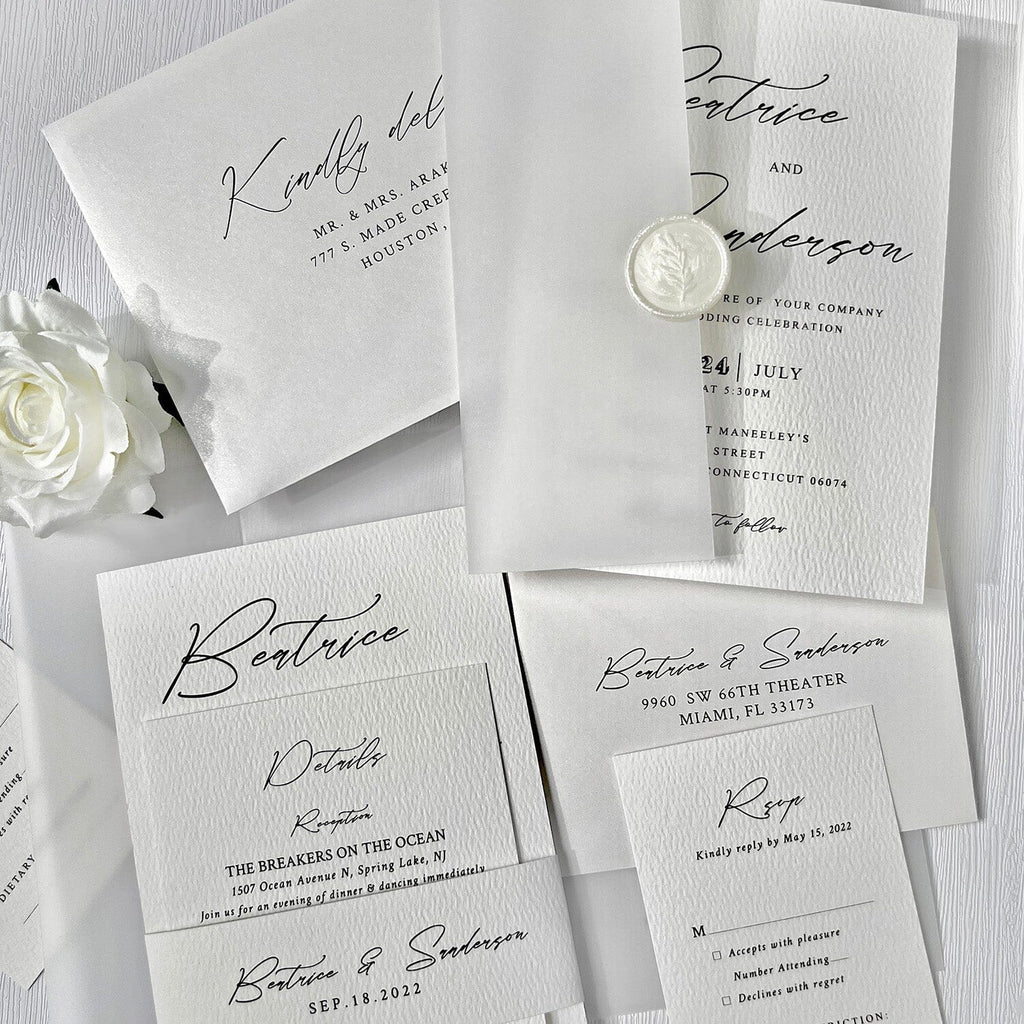 Minimalist White Wedding Invitation, Classic Neutral Wedding Invitation with Translucent Vellum Jacket, Personalized Belly Band and Pearl Wax Seal Picky Bride