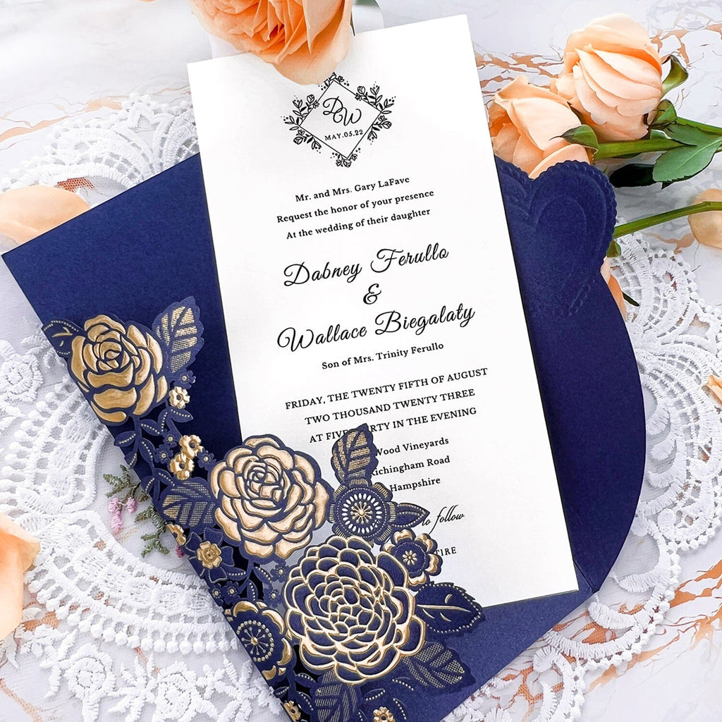 Navy and Gold Embossed Wedding Invitation Set, Elegant Laser Cut Floral and heart Wedding Invites with Silk Ribbon, Matched RSVP Wedding Ceremony Supplies Picky Bride