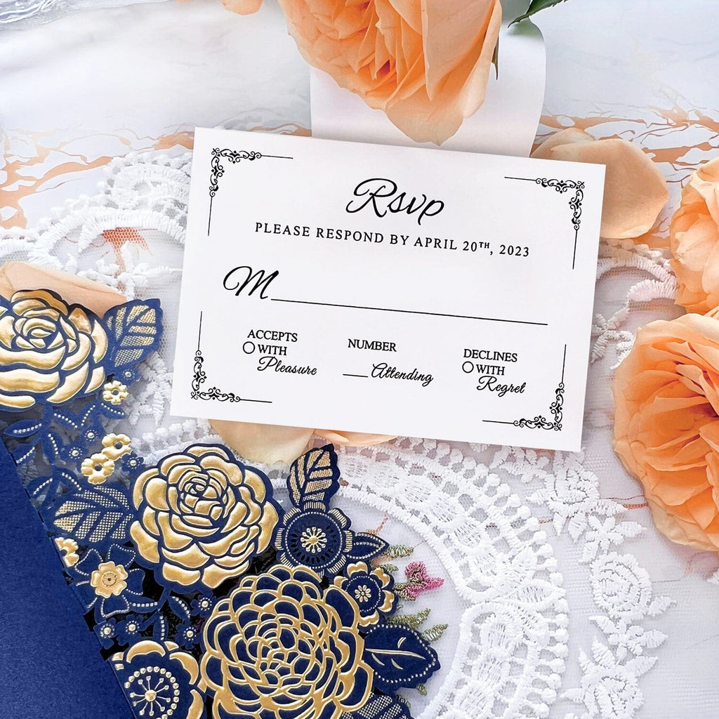 Navy and Gold Embossed Wedding Invitation Set, Elegant Laser Cut Floral and heart Wedding Invites with Silk Ribbon, Matched RSVP Wedding Ceremony Supplies Picky Bride