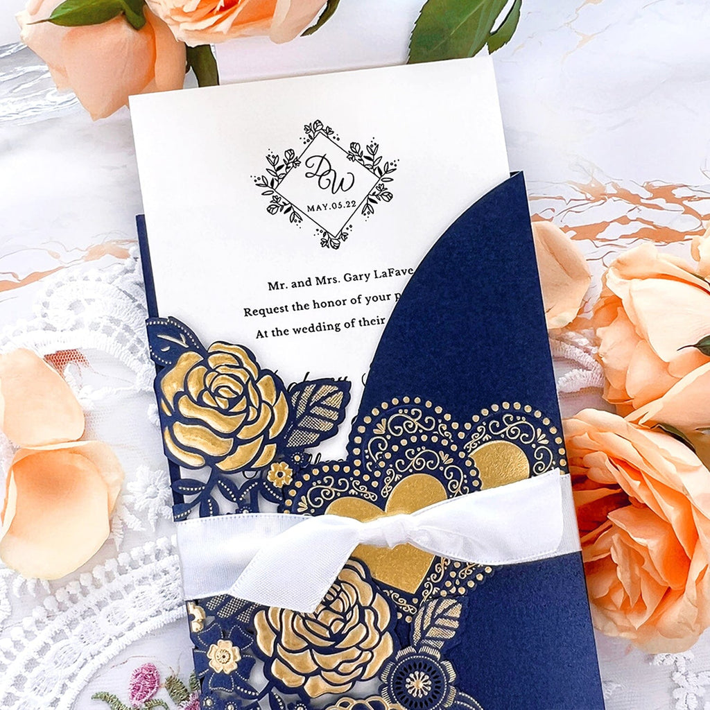 Navy and Gold Embossed Wedding Invitation Set, Elegant Laser Cut Floral and heart Wedding Invites with Silk Ribbon, Matched RSVP Wedding Ceremony Supplies Picky Bride