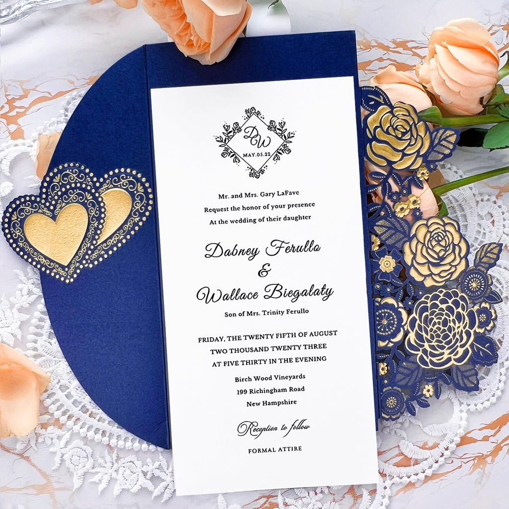 Navy and Gold Embossed Wedding Invitation Set, Elegant Laser Cut Floral and heart Wedding Invites with Silk Ribbon, Matched RSVP Wedding Ceremony Supplies Picky Bride