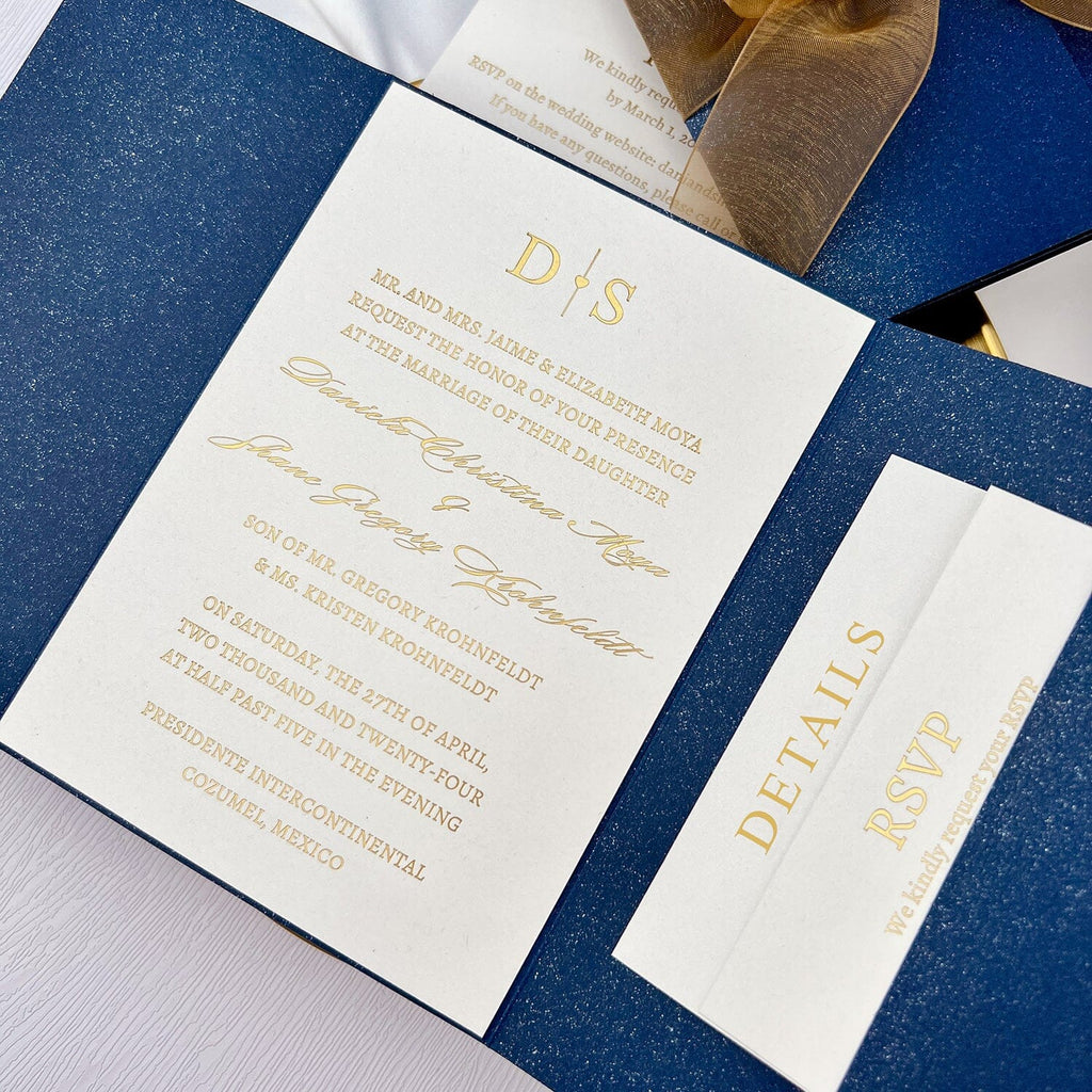 Navy Blue and Gold Wedding Invitation, Elegant Trifold Invites with Gold Ribbon, Gold Foil Pocket Invitations with Matched RSVP Wedding Ceremony Supplies Picky Bride