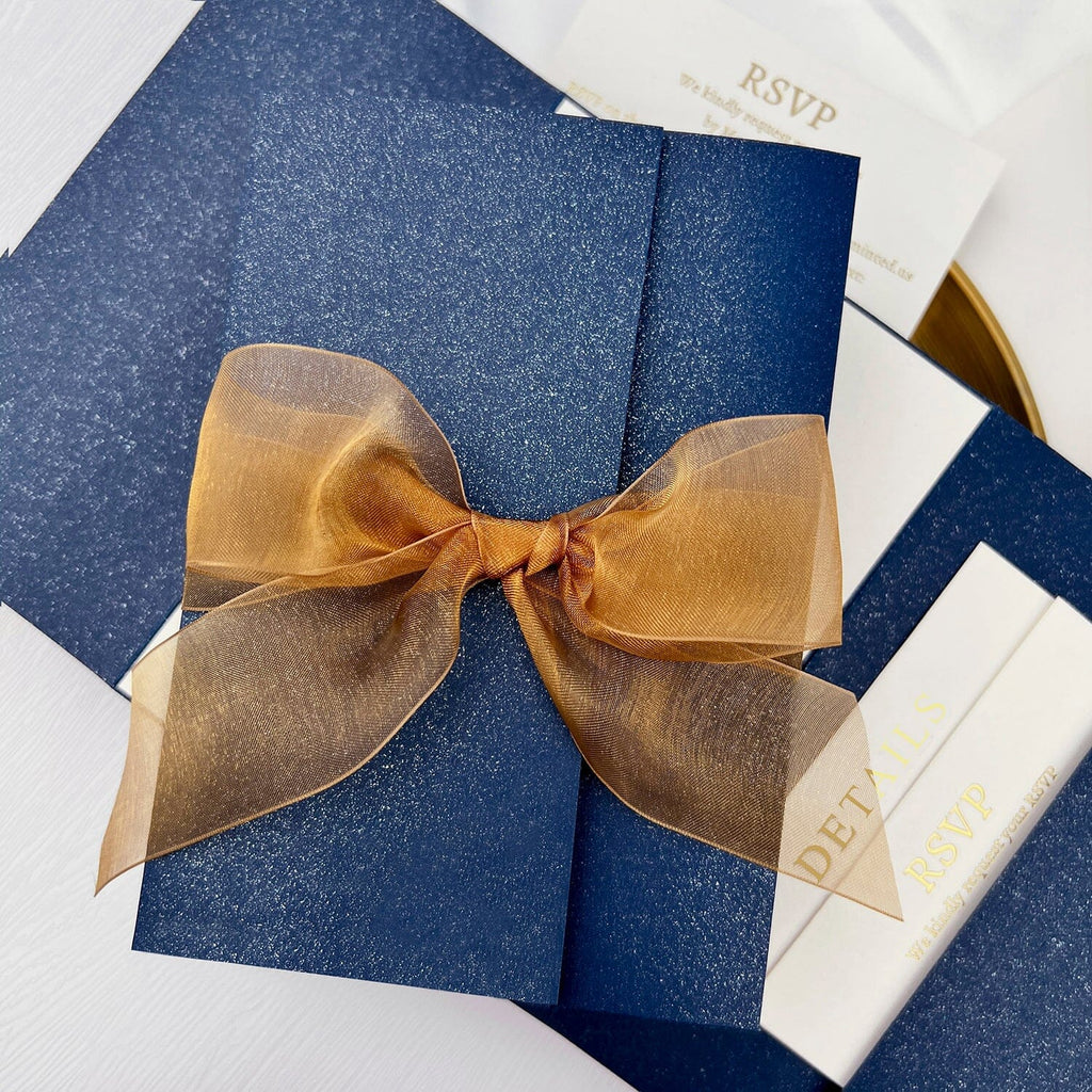 Navy Blue and Gold Wedding Invitation, Elegant Trifold Invites with Gold Ribbon, Gold Foil Pocket Invitations with Matched RSVP Wedding Ceremony Supplies Picky Bride