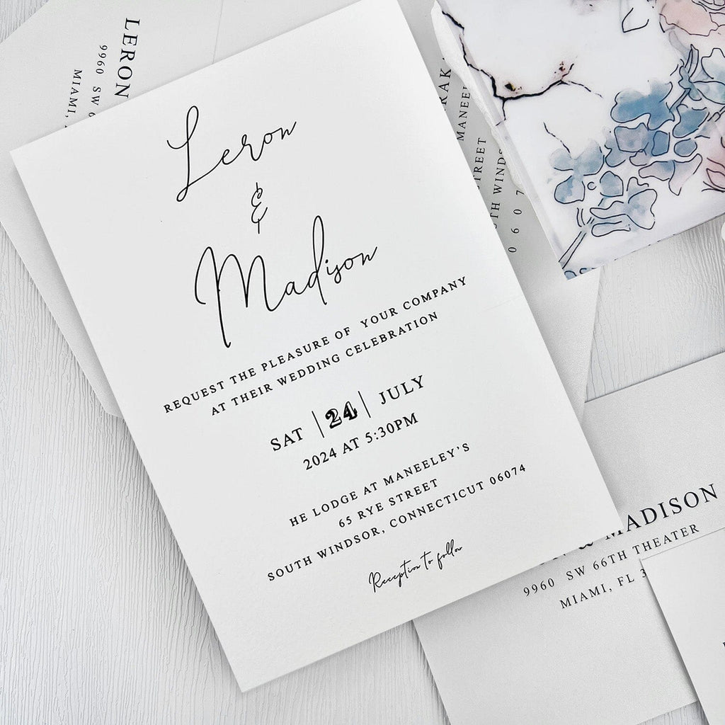 Navy Blue and Pink Botanical Vellum Wedding Invitations, Boho Garden Floral Wrap Invites with Personalized Wax Seal, Minimalist Design and RSVP Wedding Ceremony Supplies Picky Bride