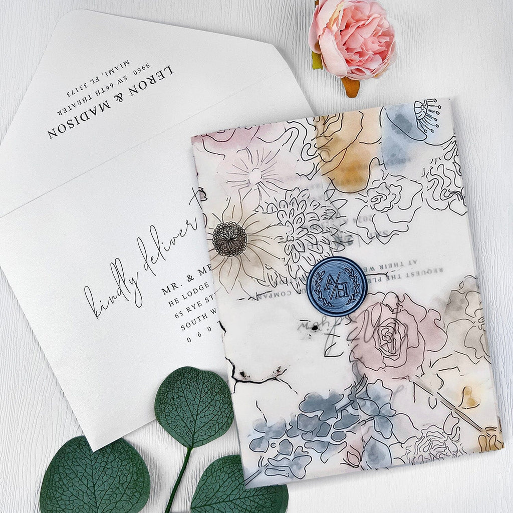 Navy Blue and Pink Botanical Vellum Wedding Invitations, Boho Garden Floral Wrap Invites with Personalized Wax Seal, Minimalist Design and RSVP Wedding Ceremony Supplies Picky Bride