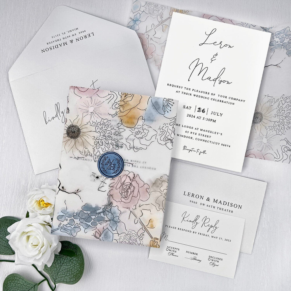 Navy Blue and Pink Botanical Vellum Wedding Invitations, Boho Garden Floral Wrap Invites with Personalized Wax Seal, Minimalist Design and RSVP Wedding Ceremony Supplies Picky Bride