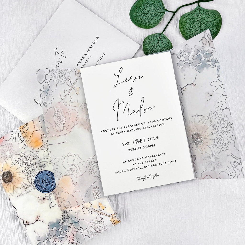 Navy Blue and Pink Botanical Vellum Wedding Invitations, Boho Garden Floral Wrap Invites with Personalized Wax Seal, Minimalist Design and RSVP Wedding Ceremony Supplies Picky Bride