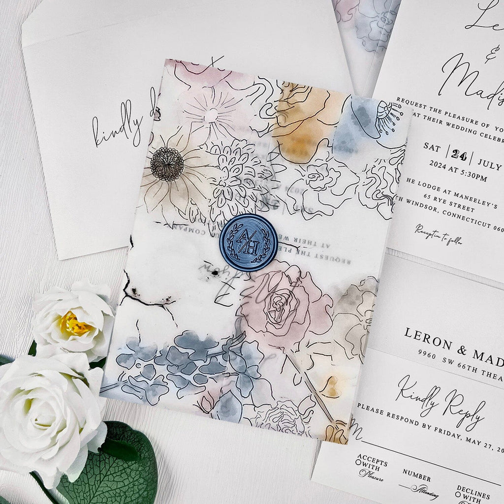 Navy Blue and Pink Botanical Vellum Wedding Invitations, Boho Garden Floral Wrap Invites with Personalized Wax Seal, Minimalist Design and RSVP Wedding Ceremony Supplies Picky Bride