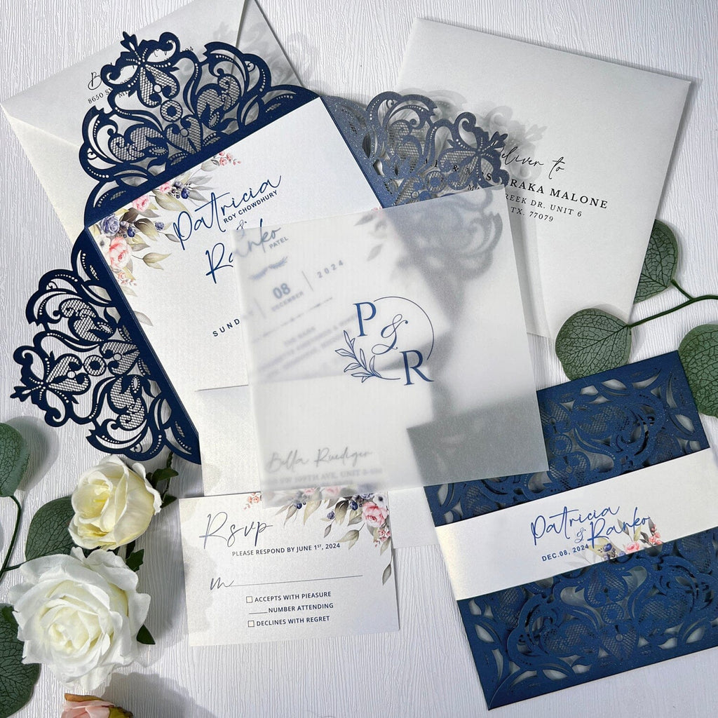 Navy Laser Cut Wedding Invitation, Blush Pink Flower Invites Cards and RSVP, Customized Vellum Wedding logo Wedding Ceremony Supplies Picky Bride