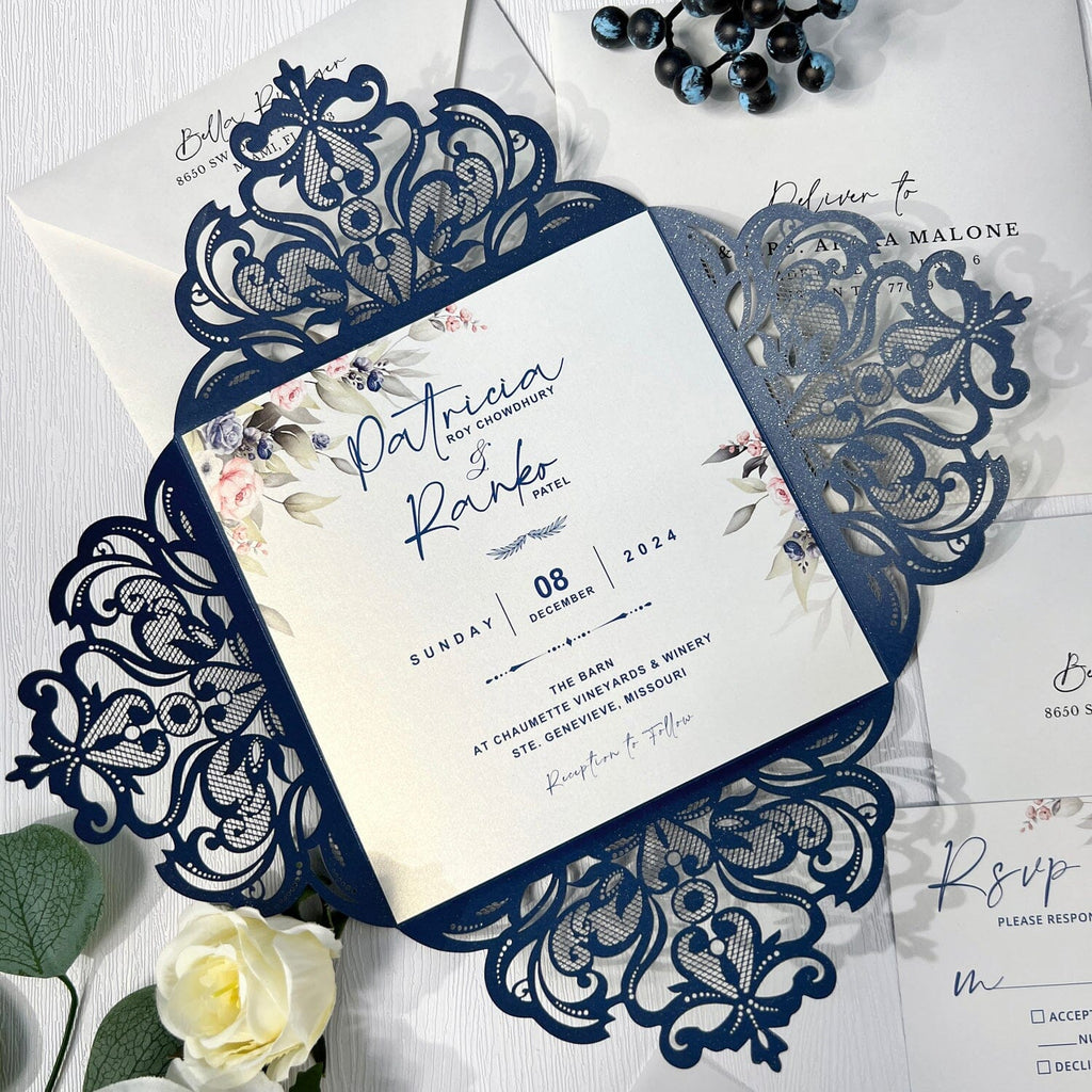 Navy Laser Cut Wedding Invitation, Blush Pink Flower Invites Cards and RSVP, Customized Vellum Wedding logo Wedding Ceremony Supplies Picky Bride
