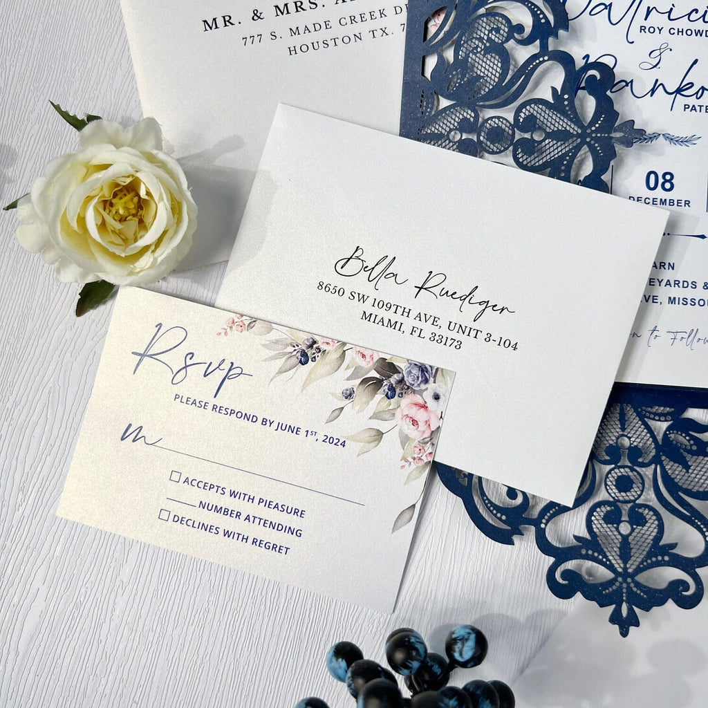 Navy Laser Cut Wedding Invitation, Blush Pink Flower Invites Cards and RSVP, Customized Vellum Wedding logo Wedding Ceremony Supplies Picky Bride