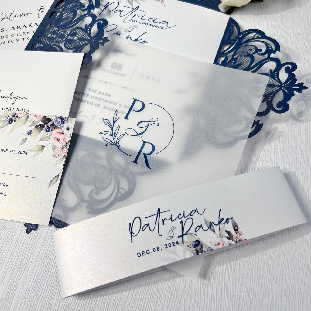 Navy Laser Cut Wedding Invitation, Blush Pink Flower Invites Cards and RSVP, Customized Vellum Wedding logo Wedding Ceremony Supplies Picky Bride