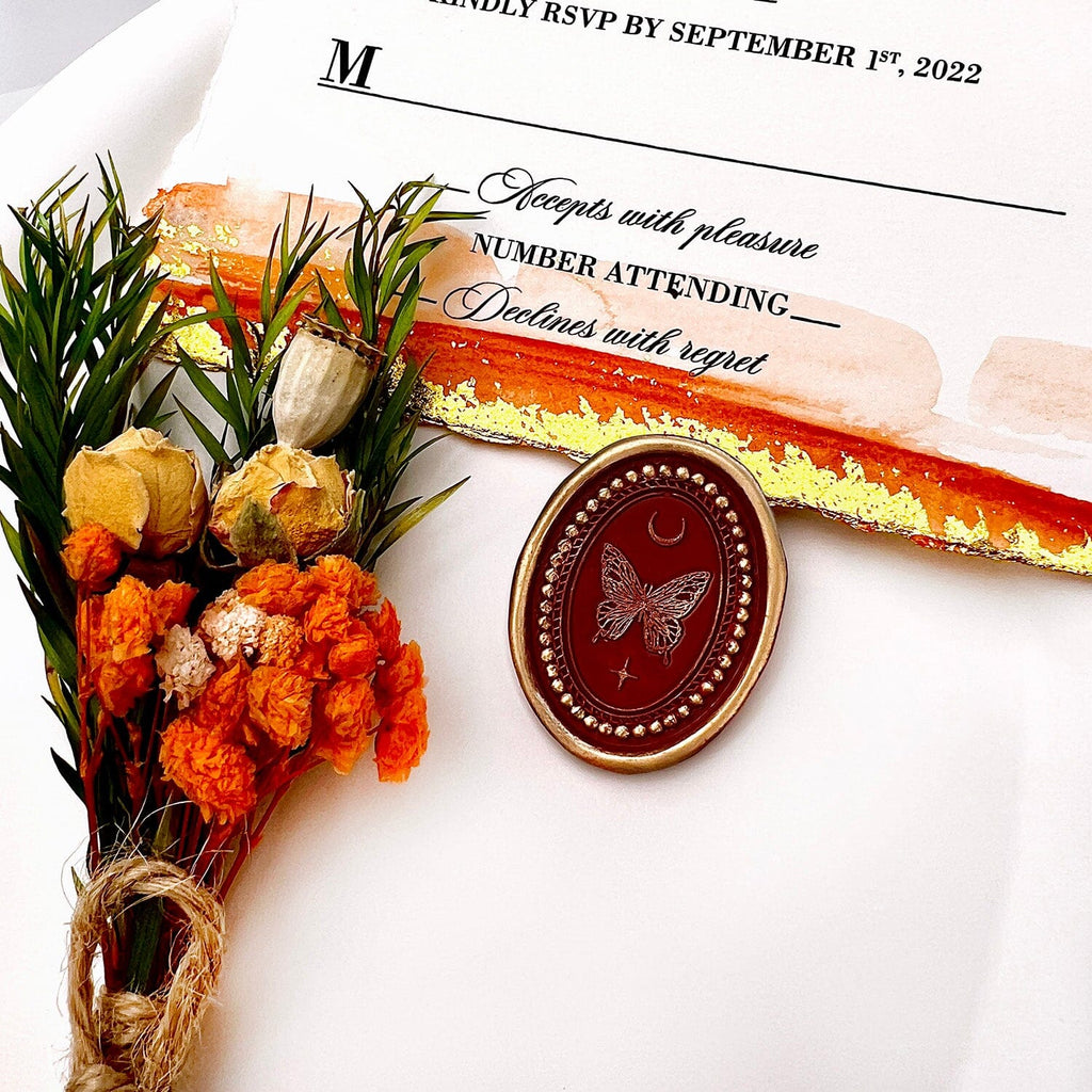 Orange Foil Gold Stamped Wedding Invitation, Handmade Deckle Edge Invitation Cards with Vellum Paper Wrap Wedding Ceremony Supplies Picky Bride