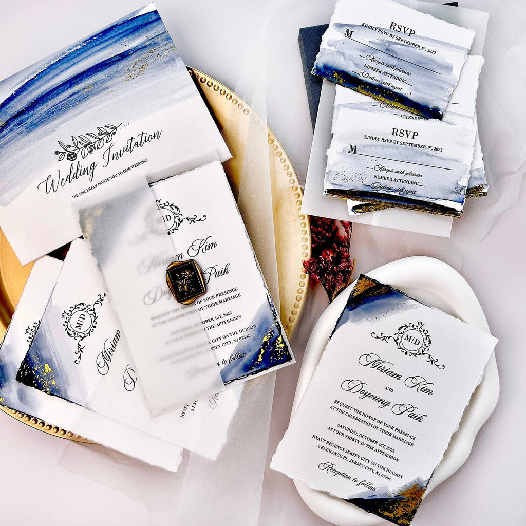 Orange Foil Gold Stamped Wedding Invitation, Handmade Deckle Edge Invitation Cards with Vellum Paper Wrap Wedding Ceremony Supplies Picky Bride