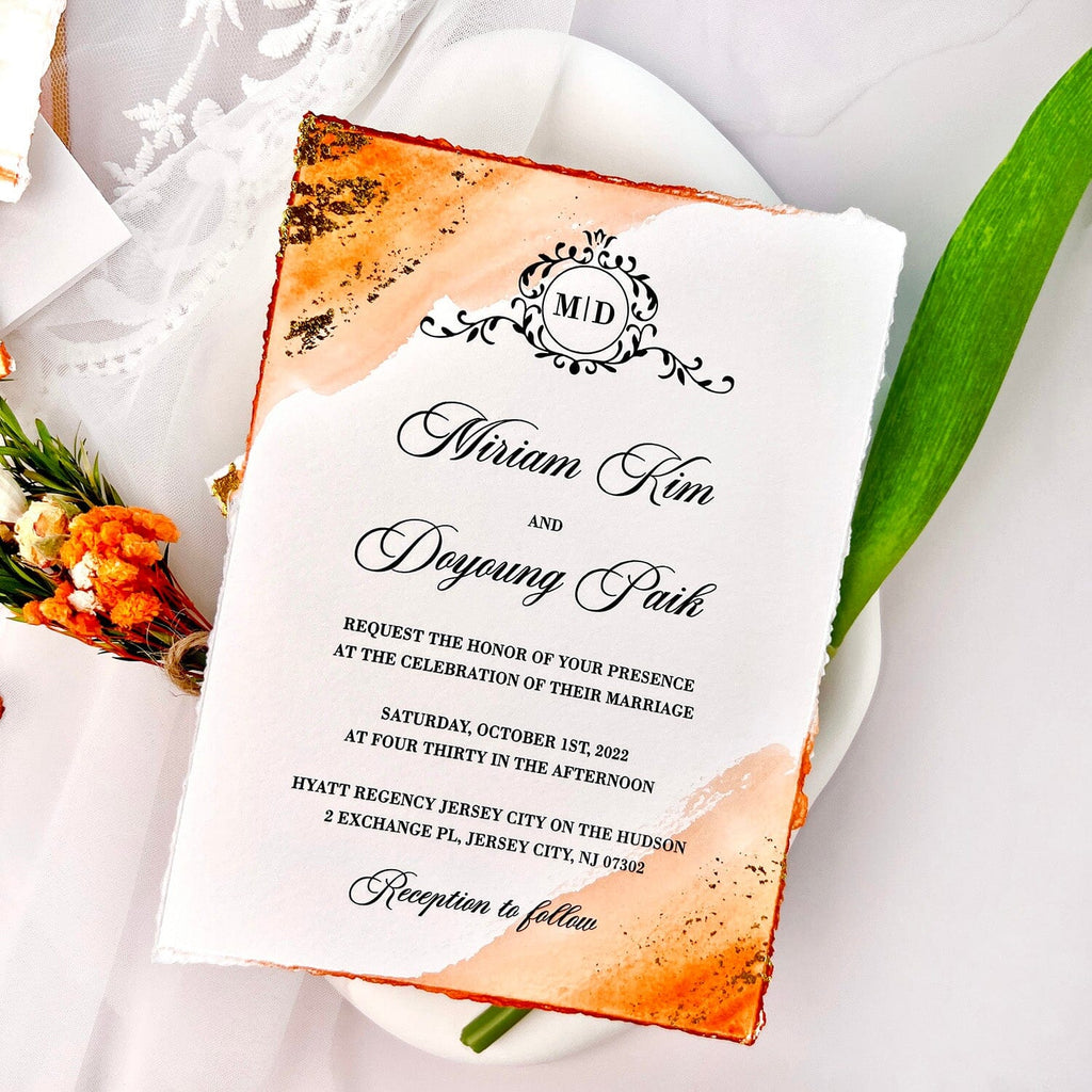 Orange Foil Gold Stamped Wedding Invitation, Handmade Deckle Edge Invitation Cards with Vellum Paper Wrap Wedding Ceremony Supplies Picky Bride